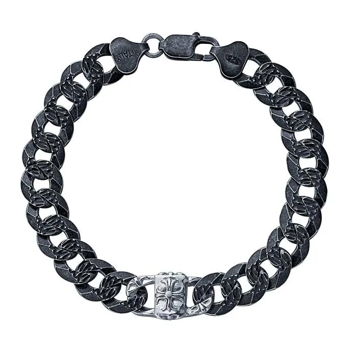 Oxidized Sterling Silver Textured 10.8mm Curb Cain Bracelet with Medallion