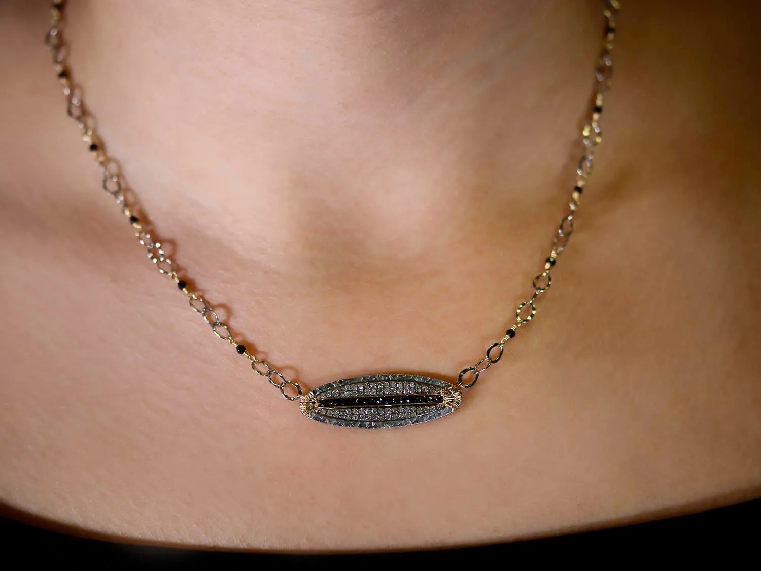 Pavé Rustic Gray and Black Diamond Pendant with Black Spinel Necklace