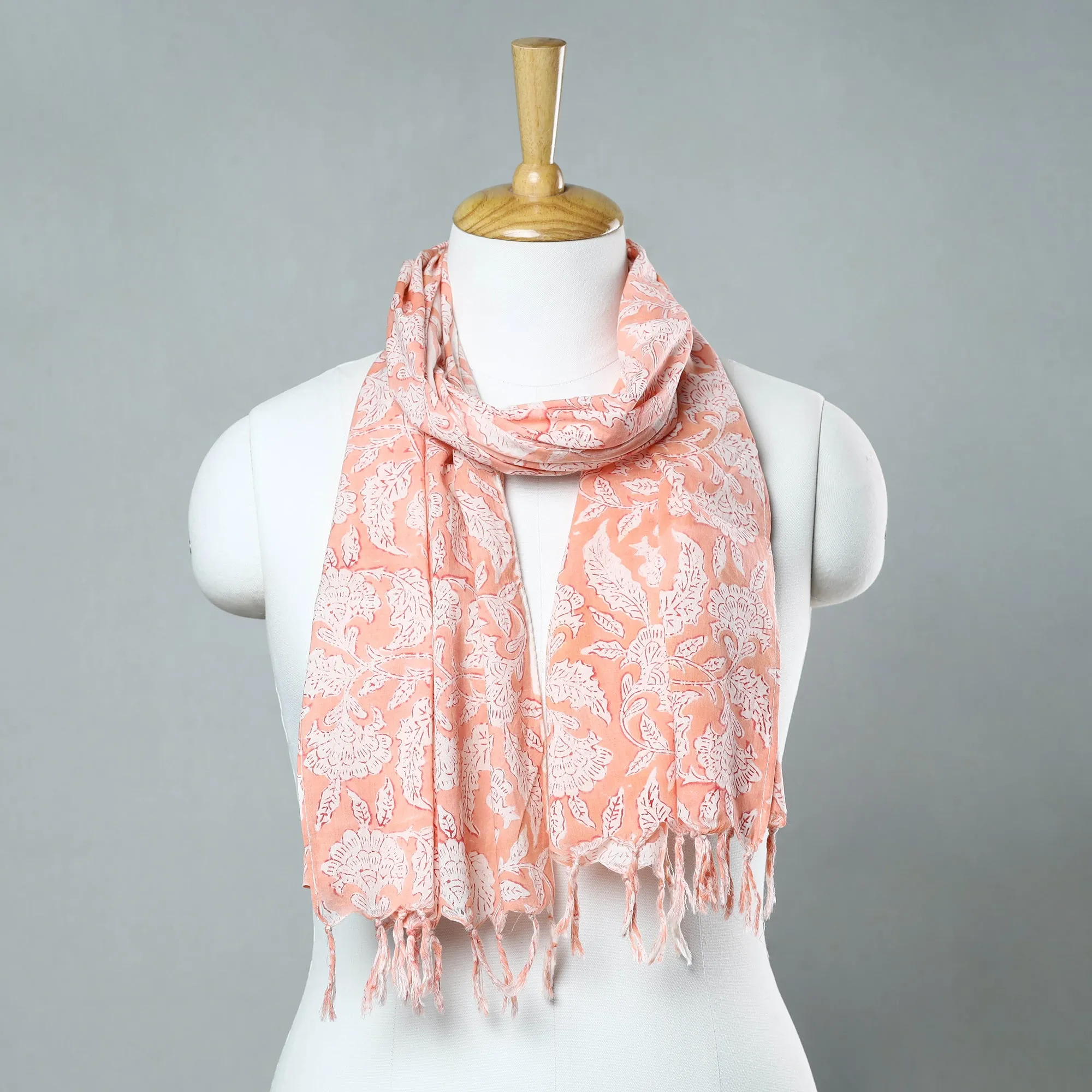 Peach - Sanganeri Block Printed Cotton Stole with Tassels 104