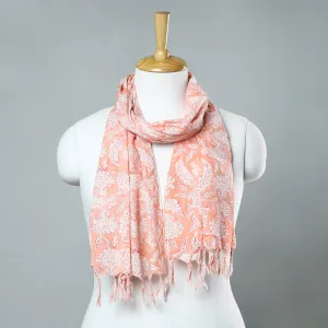 Peach - Sanganeri Block Printed Cotton Stole with Tassels 104