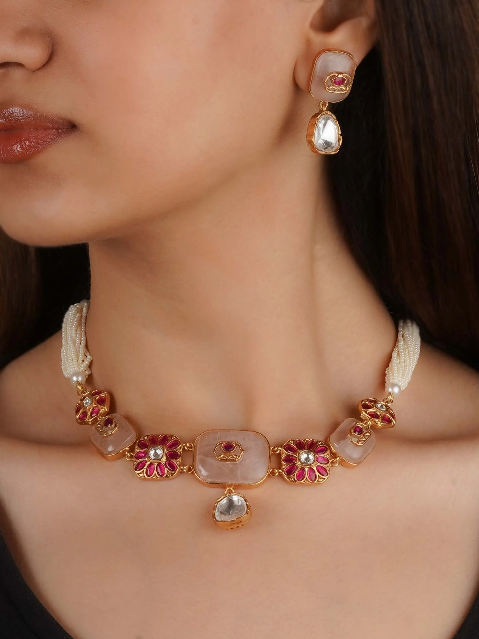 Pink Color Gold Plated Contemporary Necklace Set - PK-S278ME