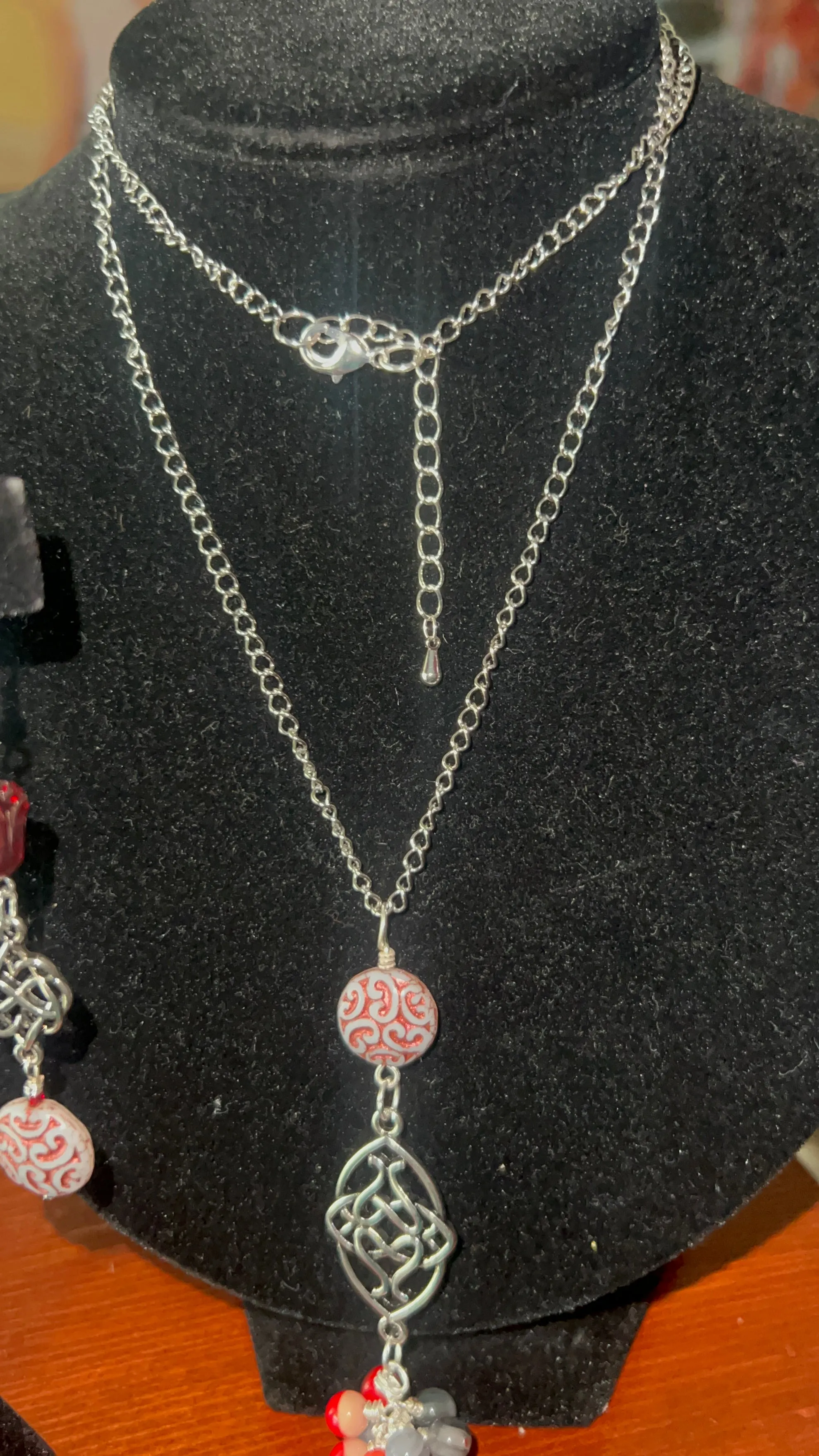 Red, Gray, White Necklace with Silver, Red/White Lacy Coin and Druks Pendant with Silver Chain Necklace and Earrings