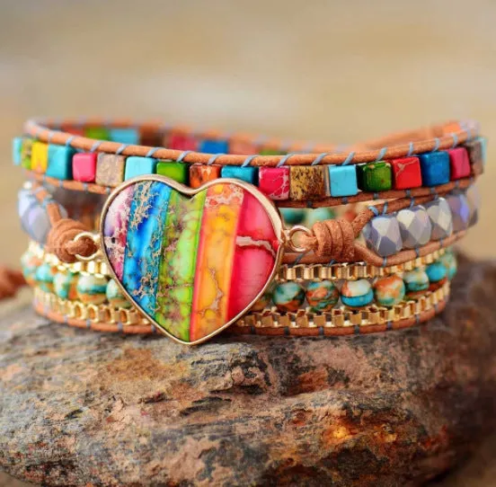 Romantic 7 Color Emperor Stone Leather Wrapped Bracelet Mixed Stone Heart Shaped 3-Strand Winding Bracelet Classic Jewelry