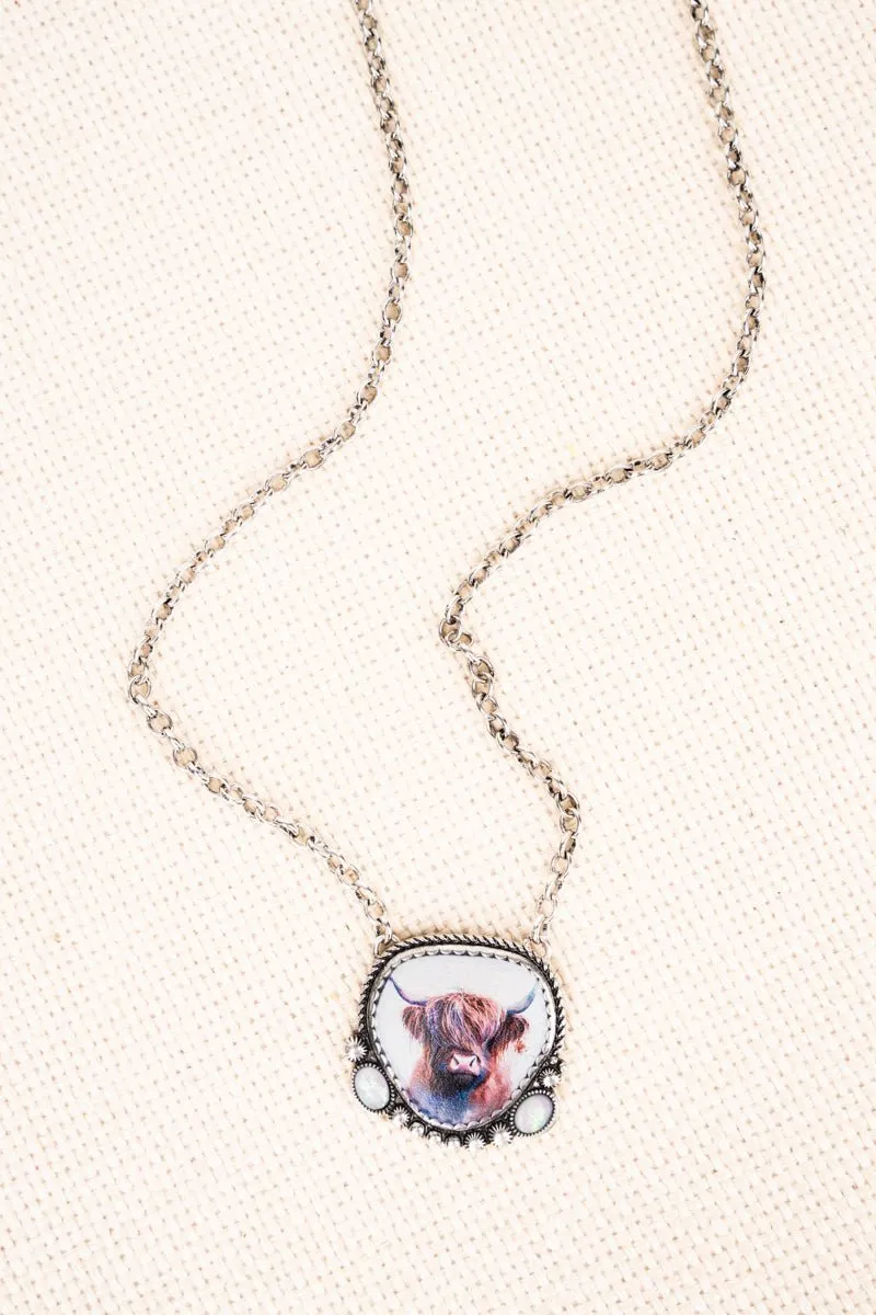 SALE! Opal Fraser Highland Cow Silvertone Necklace