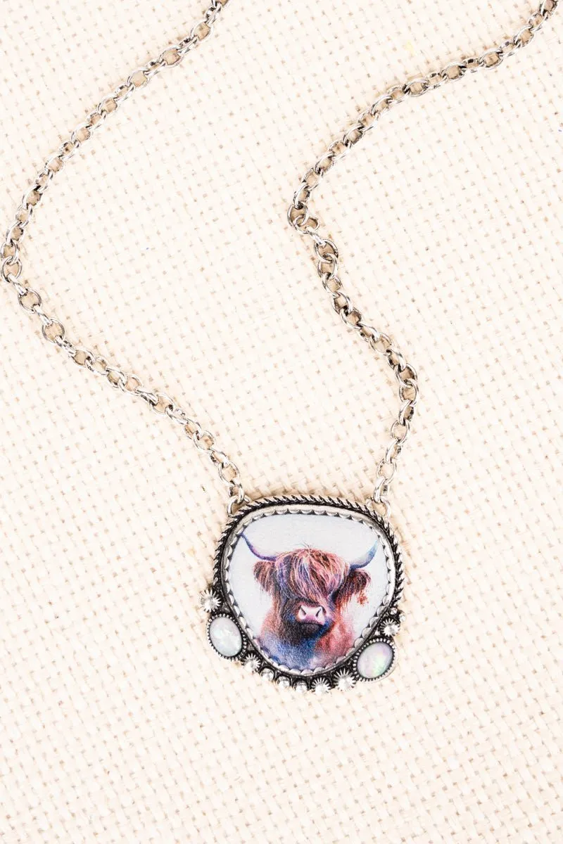 SALE! Opal Fraser Highland Cow Silvertone Necklace