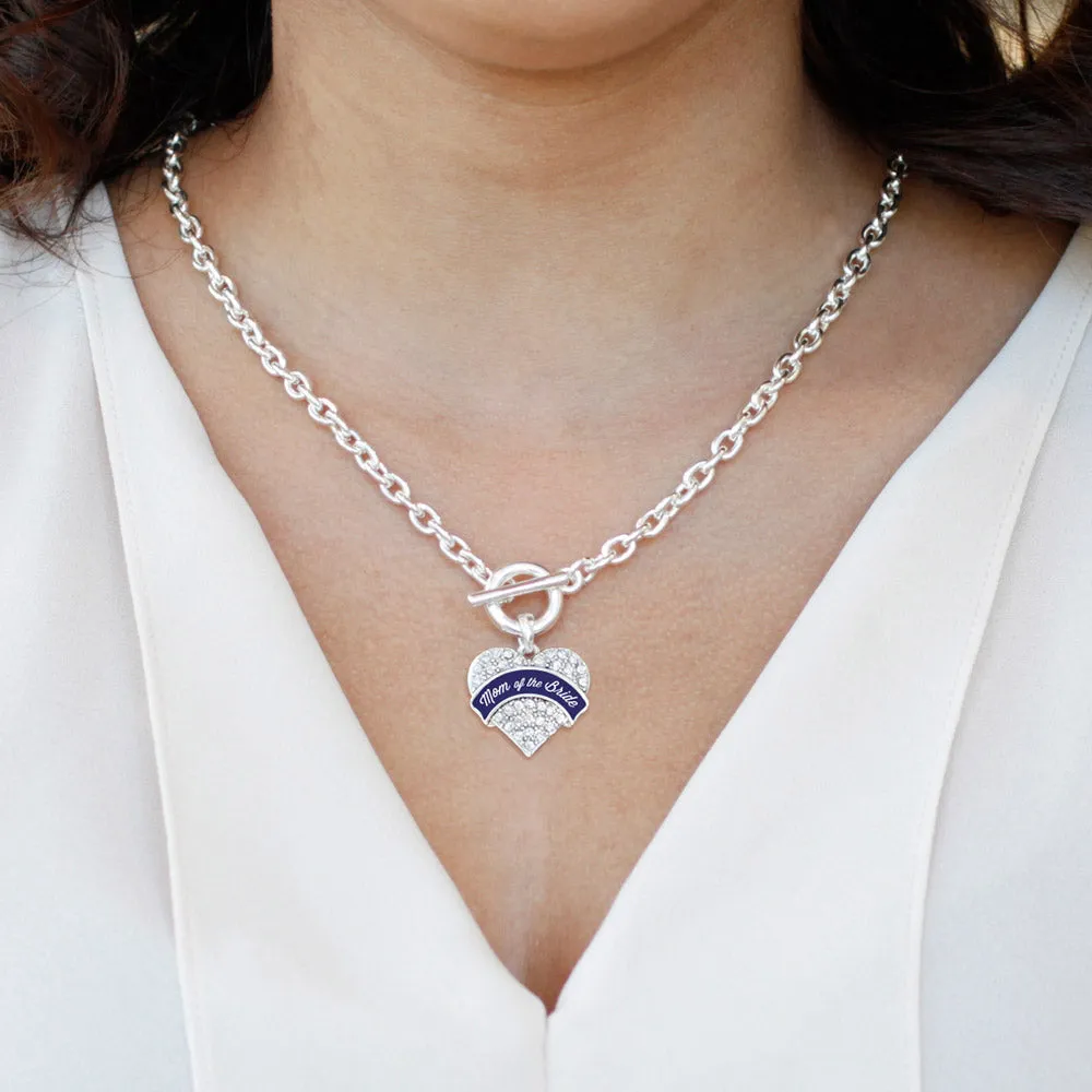 Silver Navy Blue Mom of the Bride Pave Heart Charm Toggle Necklace