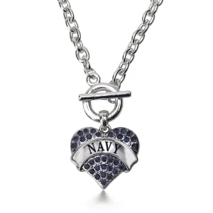 Silver Navy Blue Pave Heart Charm Toggle Necklace