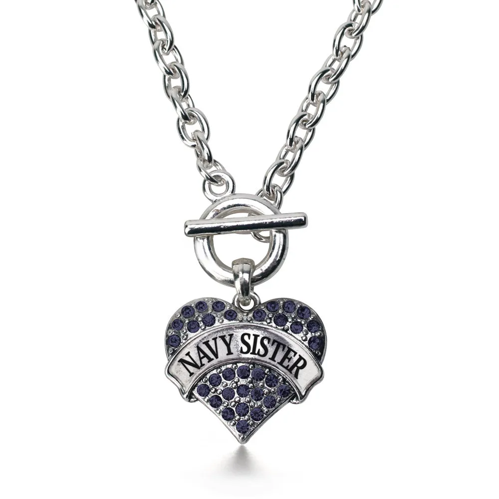 Silver Navy Sister Blue Pave Heart Charm Toggle Necklace