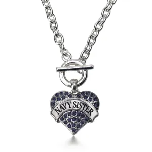 Silver Navy Sister Blue Pave Heart Charm Toggle Necklace