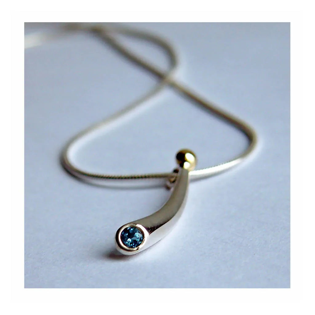 Small Curved Silver Wiggly Pendant with Blue Topaz & 18ct Gold Bead