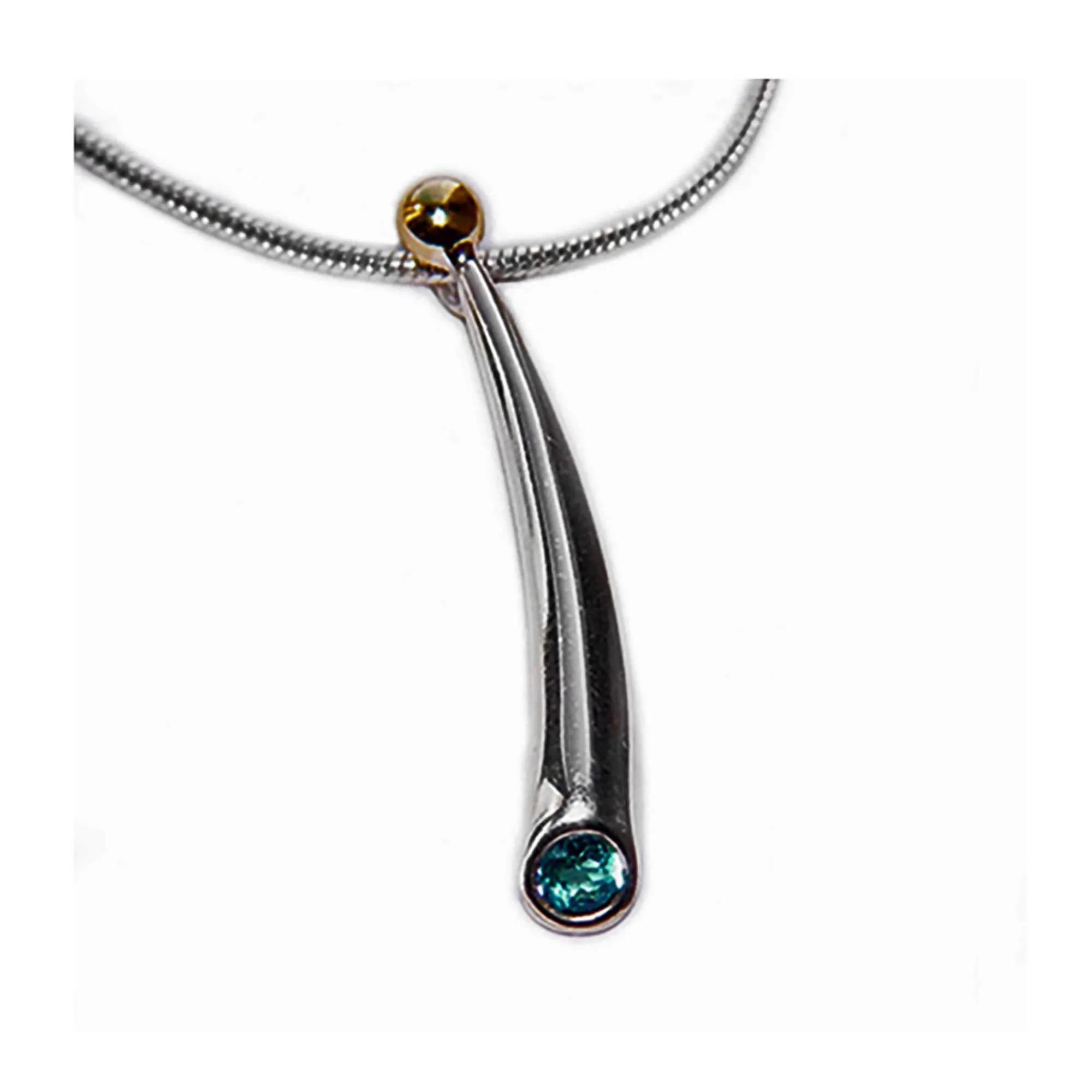 Small Curved Silver Wiggly Pendant with Blue Topaz & 18ct Gold Bead