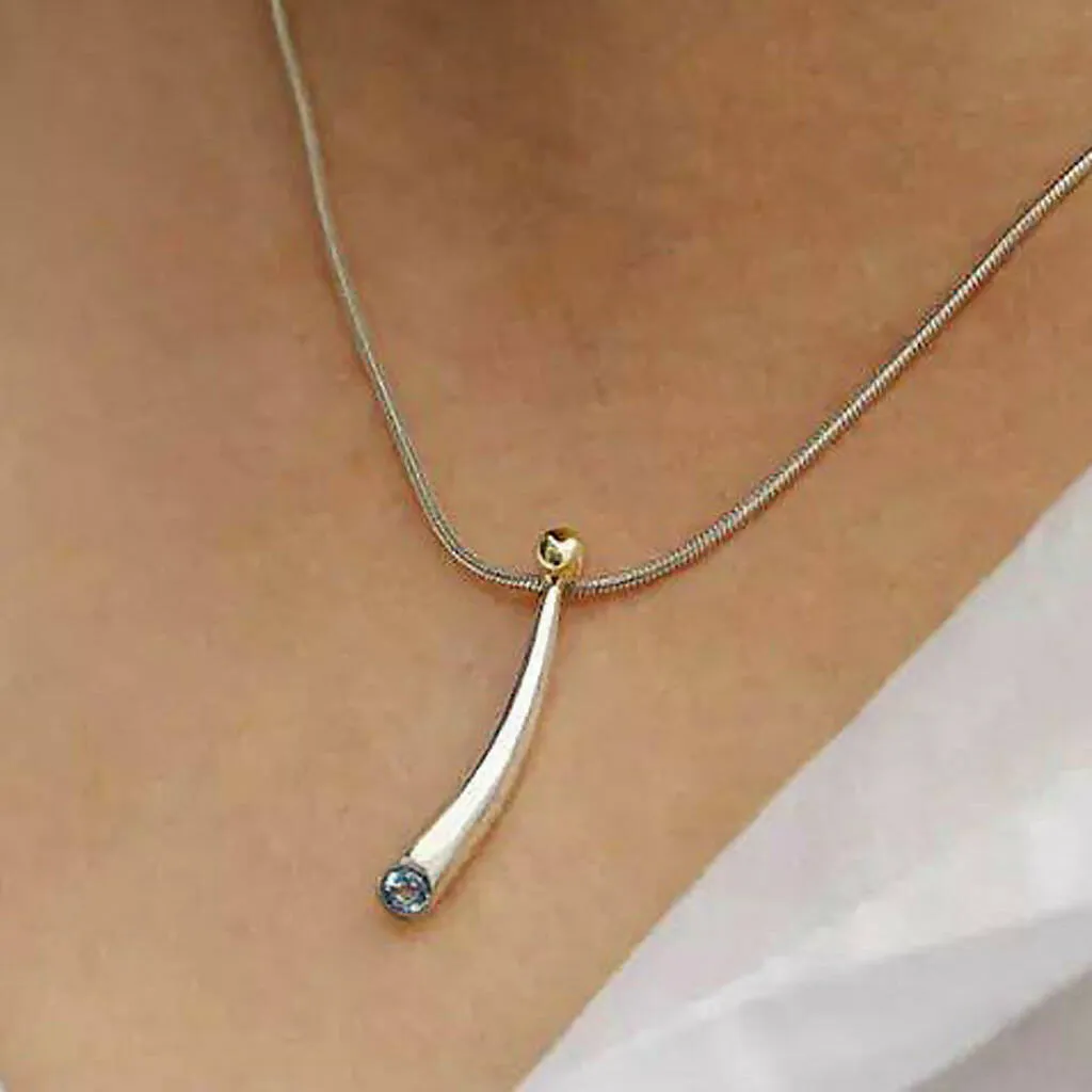 Small Curved Silver Wiggly Pendant with Blue Topaz & 18ct Gold Bead