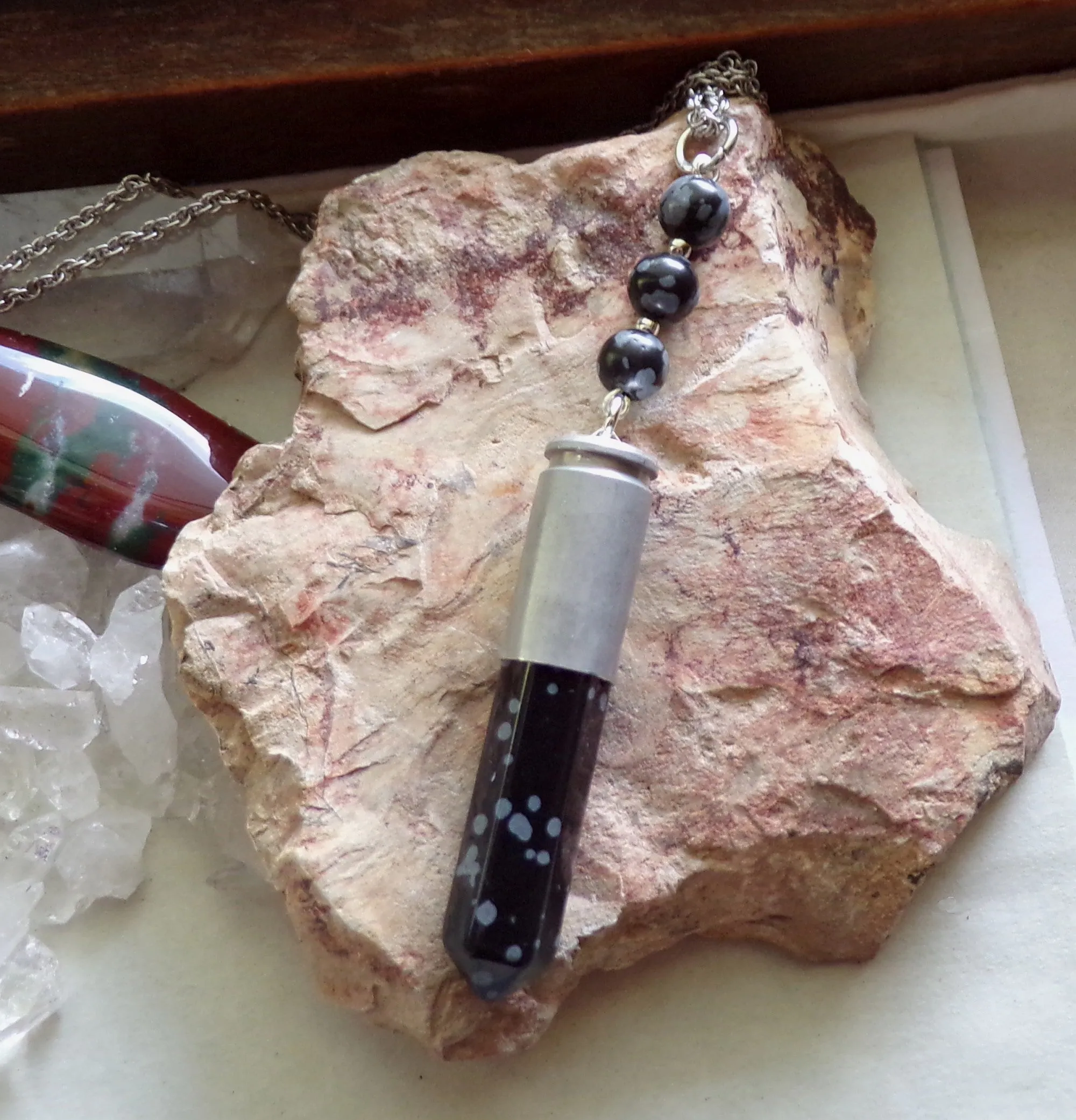 Snowflake Obsidian Naturel Stone Silver Bullet Pendant Necklace