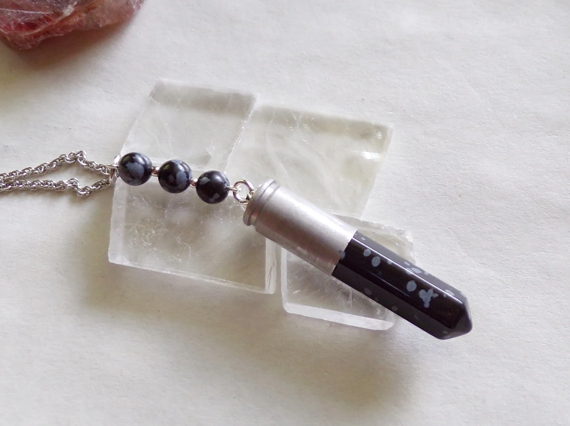 Snowflake Obsidian Naturel Stone Silver Bullet Pendant Necklace