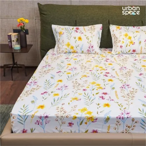 Urban Space Serene 100% Cotton 200 TC Printed Bedsheet for Single Bed with 1 Pillow Cover (Size 58 x 90 inches, France - Yellow)