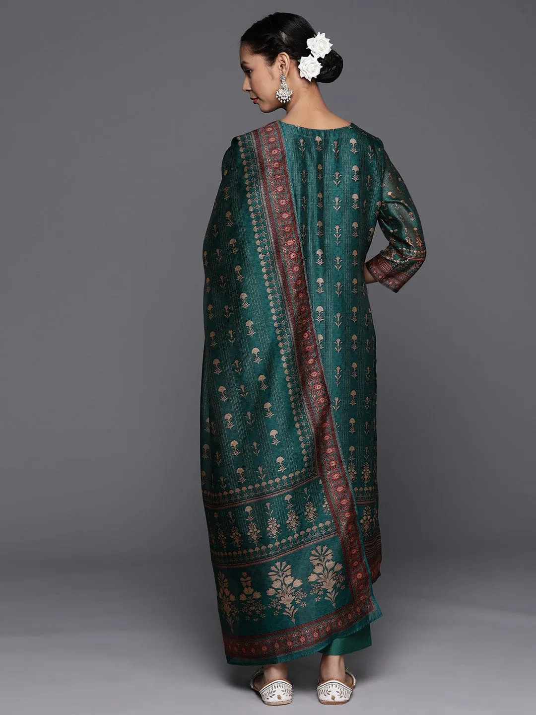 Varanga Women Green Chanderi Floral Printed Placket Embroidered Straight Kurta Paired With Tonal Solid Bottom And Printed Dupatta