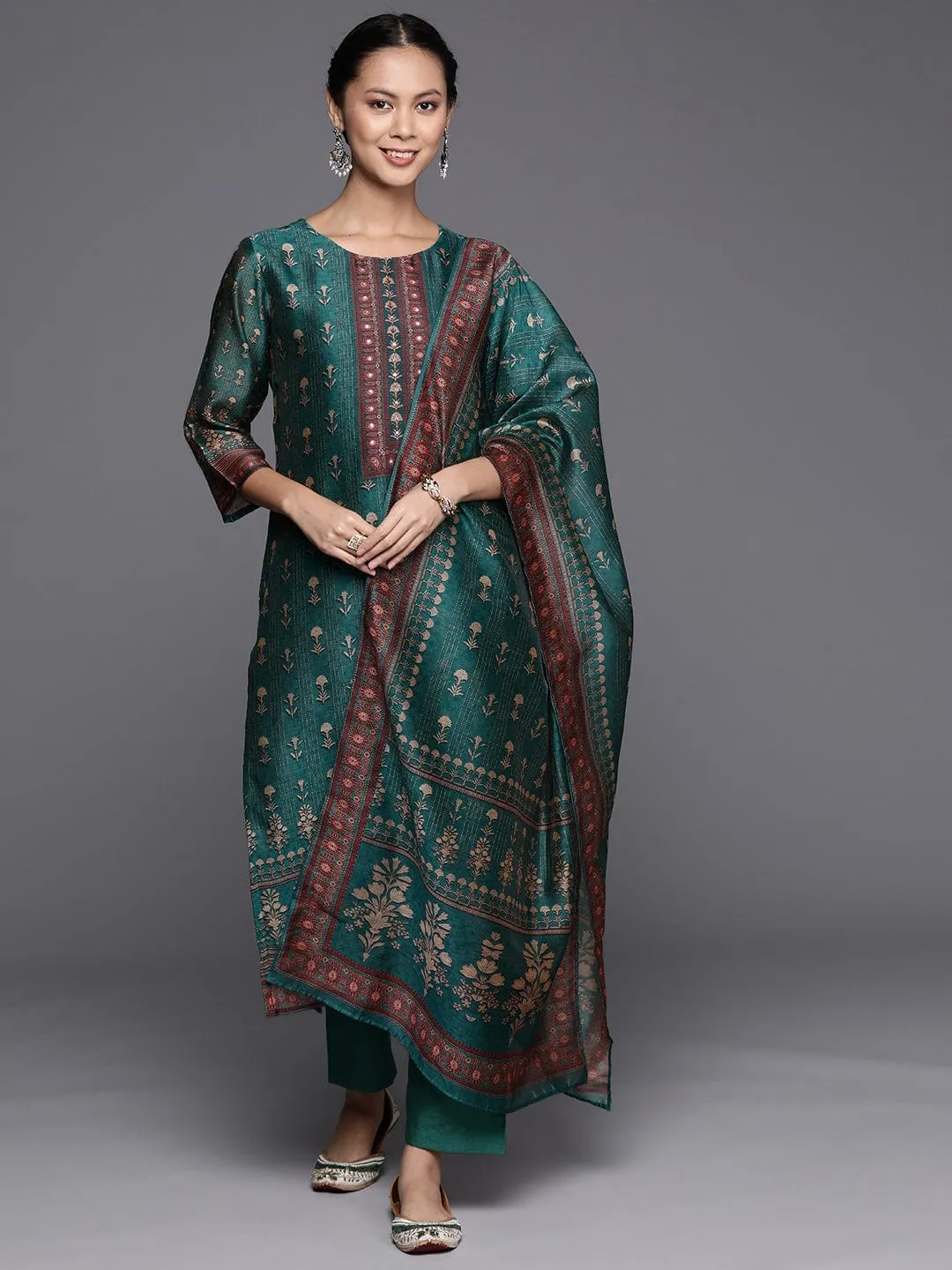 Varanga Women Green Chanderi Floral Printed Placket Embroidered Straight Kurta Paired With Tonal Solid Bottom And Printed Dupatta