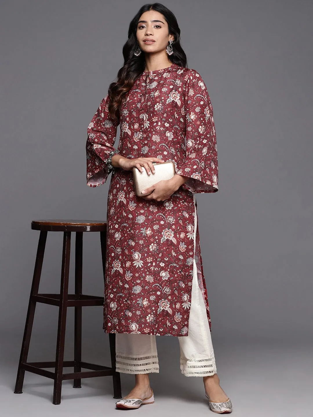 Varanga Women Maroon Floral Printed Straight Kurta With Flared Sleeves