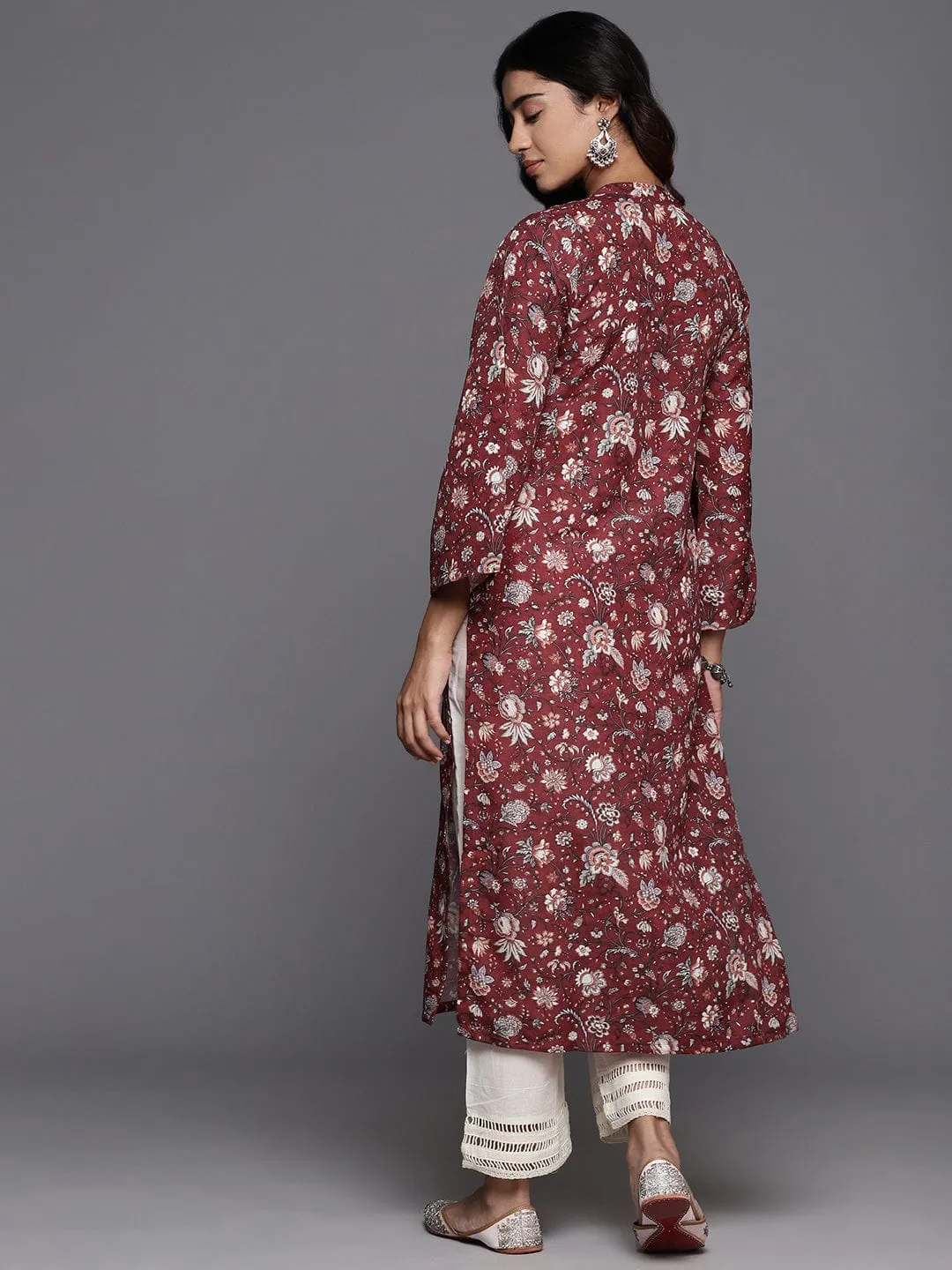 Varanga Women Maroon Floral Printed Straight Kurta With Flared Sleeves