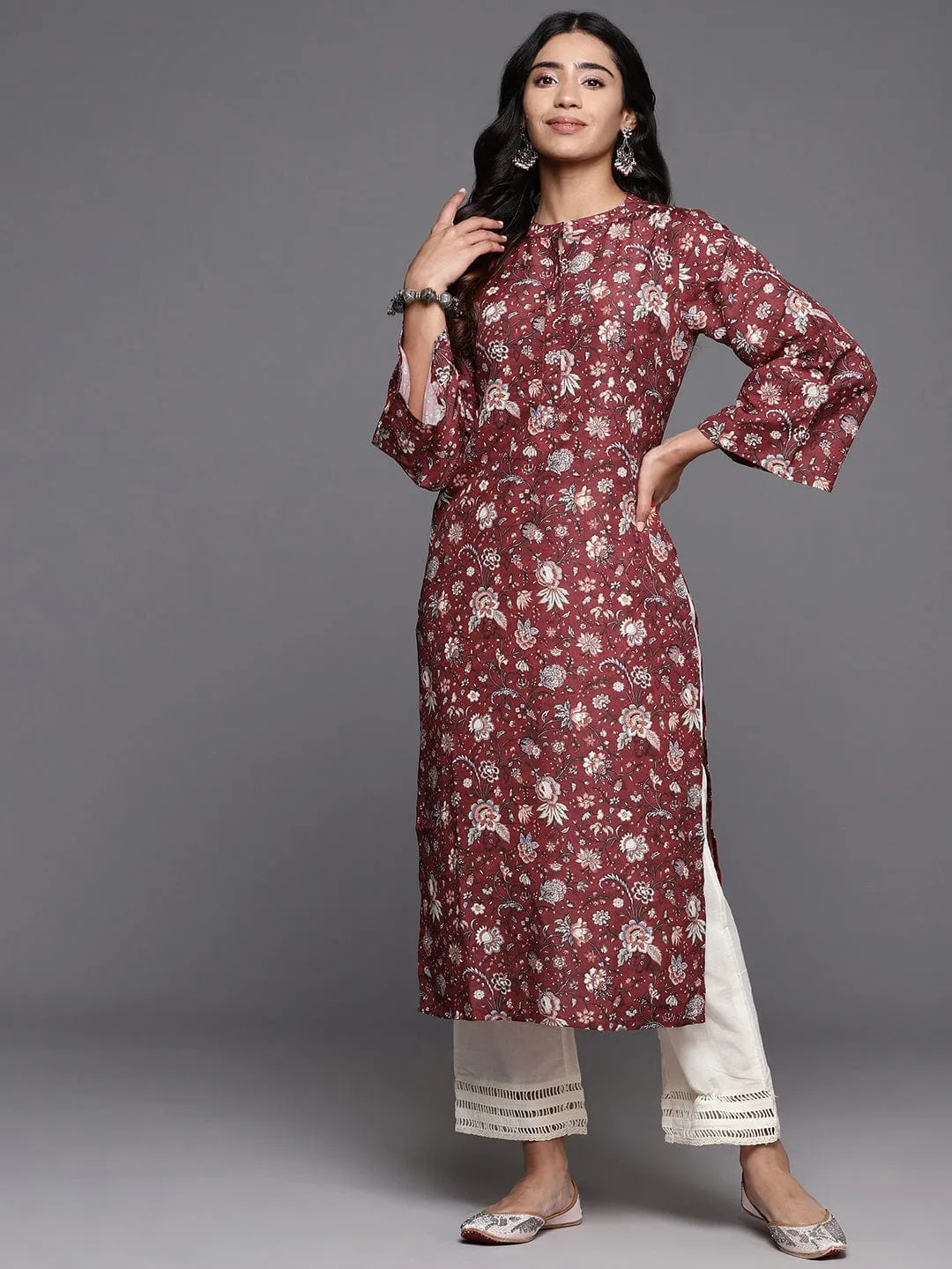 Varanga Women Maroon Floral Printed Straight Kurta With Flared Sleeves