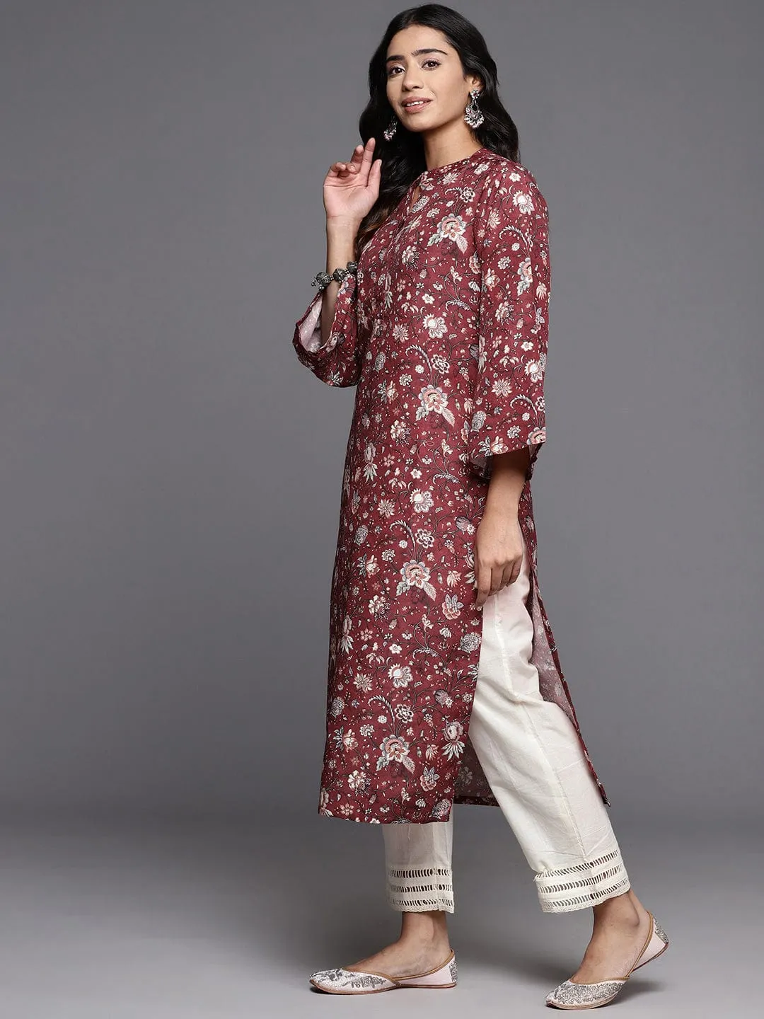 Varanga Women Maroon Floral Printed Straight Kurta With Flared Sleeves