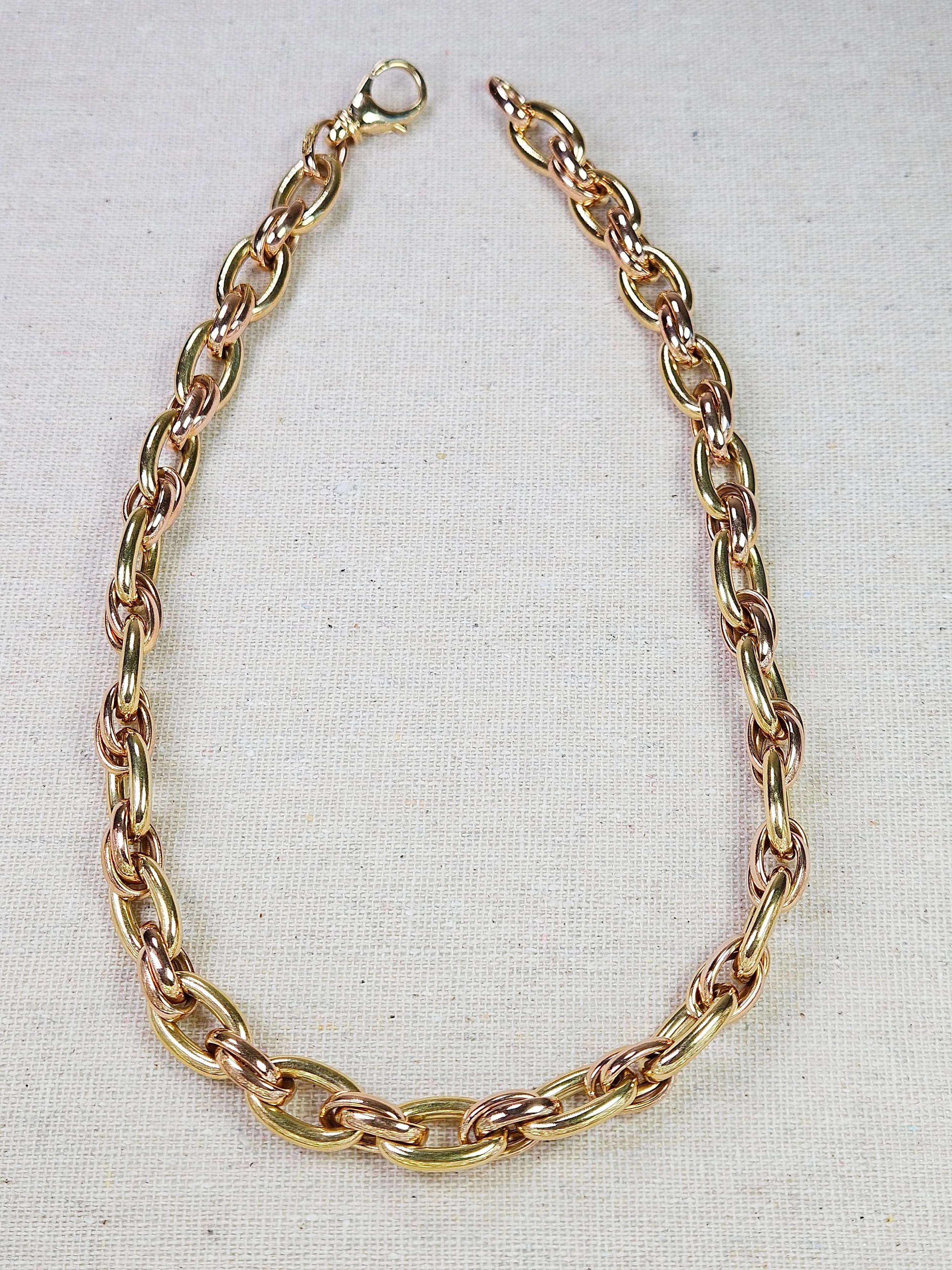 Vintage 18K Yellow Rose Two Tone Gold Chunky Oval Link Necklace Chain 17"