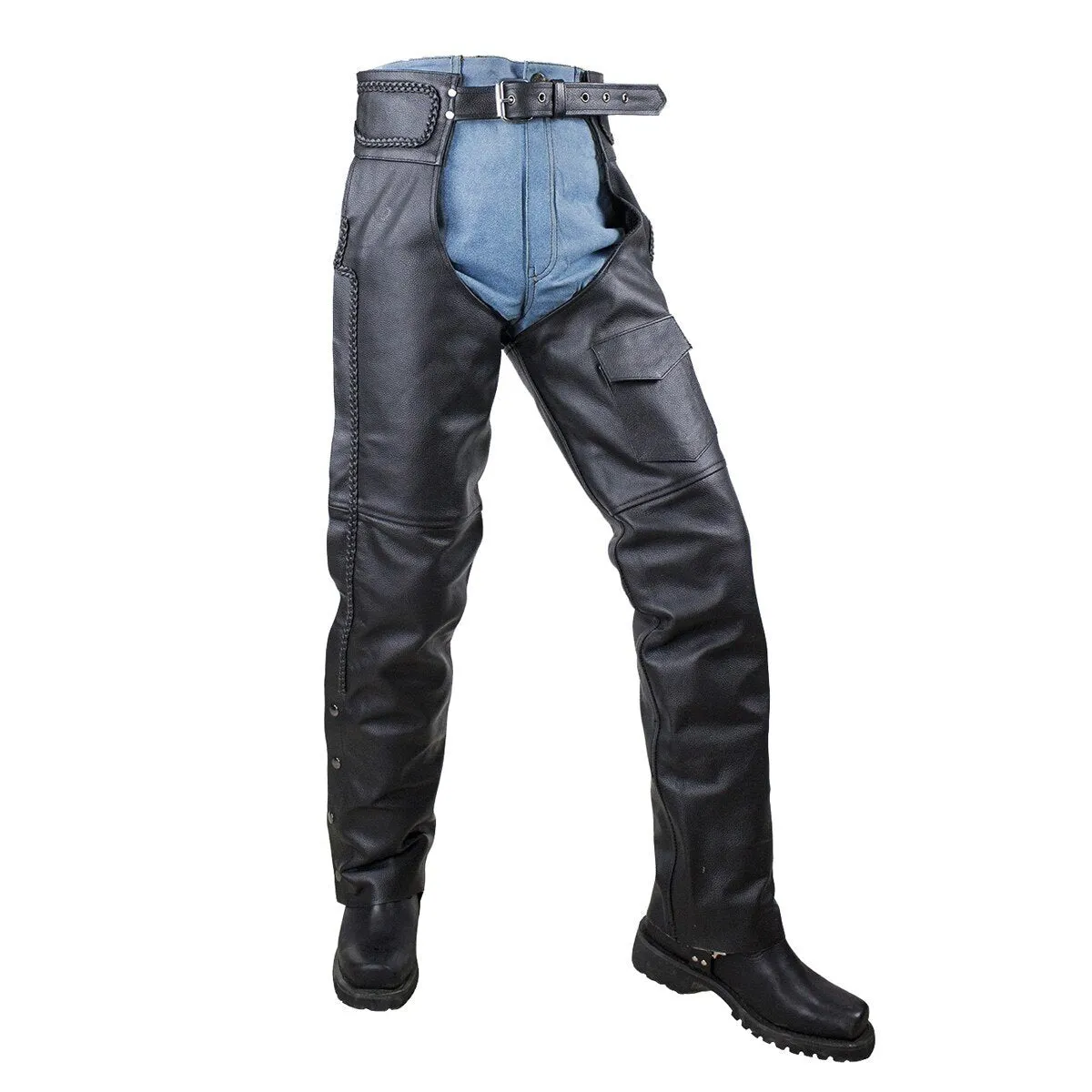 VL802S Vance Leather Basic economy Leather Chaps with Braid Trim