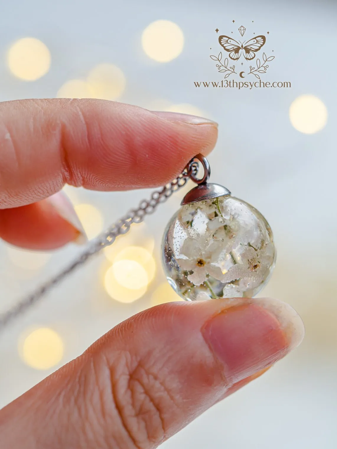 White forget me not flowers orb pendant necklace