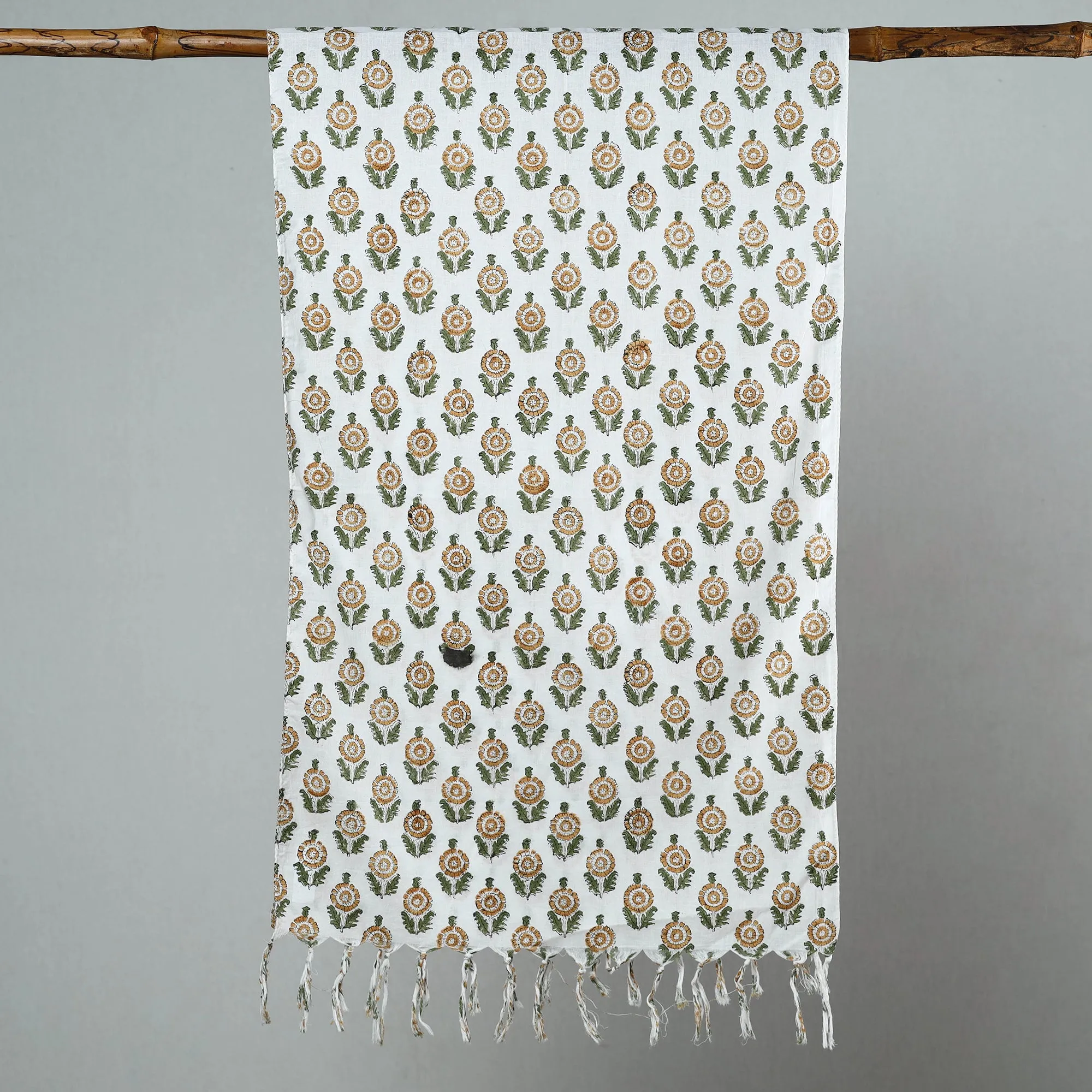 White - Sanganeri Block Printed Cotton Stole with Tassels 146