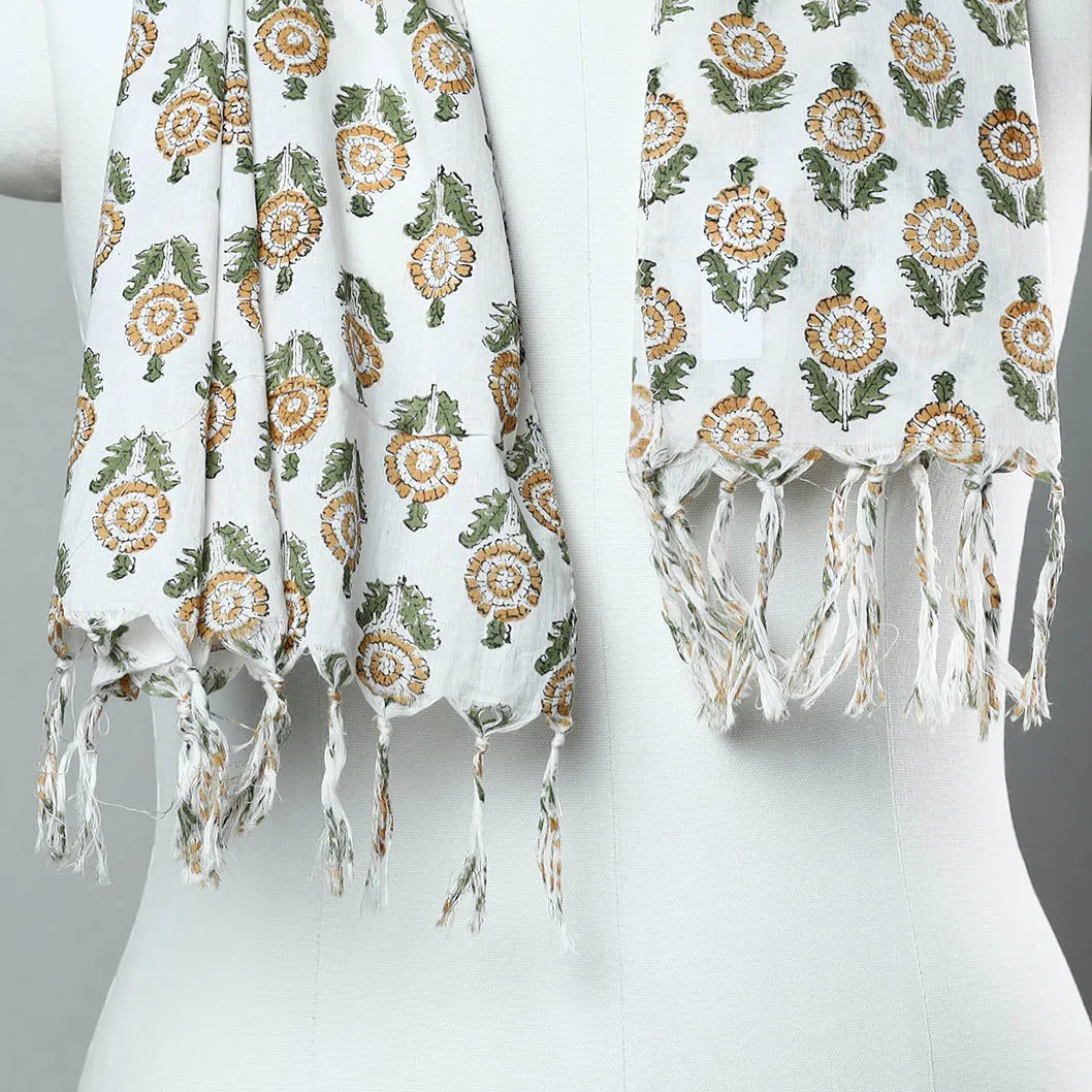 White - Sanganeri Block Printed Cotton Stole with Tassels 146