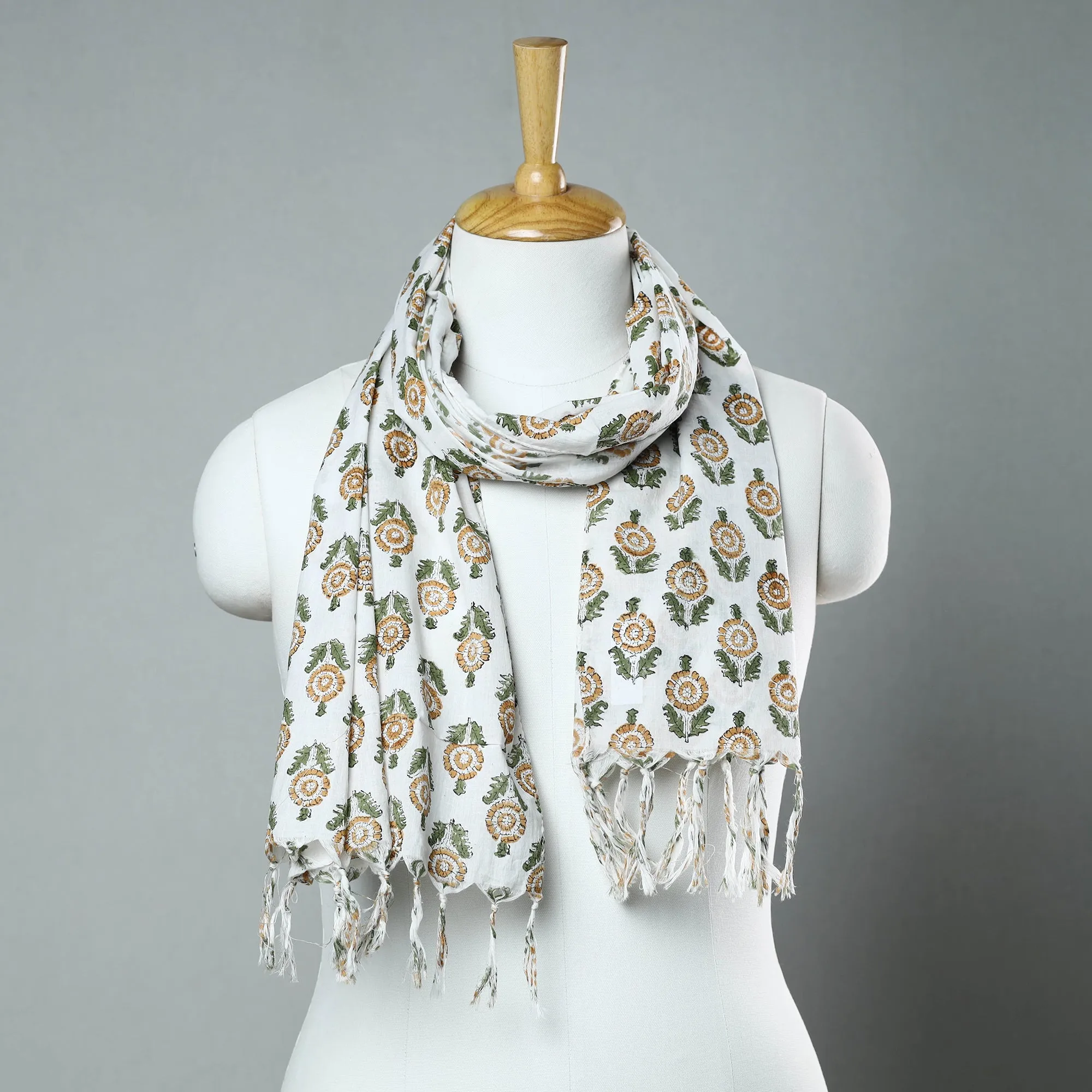 White - Sanganeri Block Printed Cotton Stole with Tassels 146